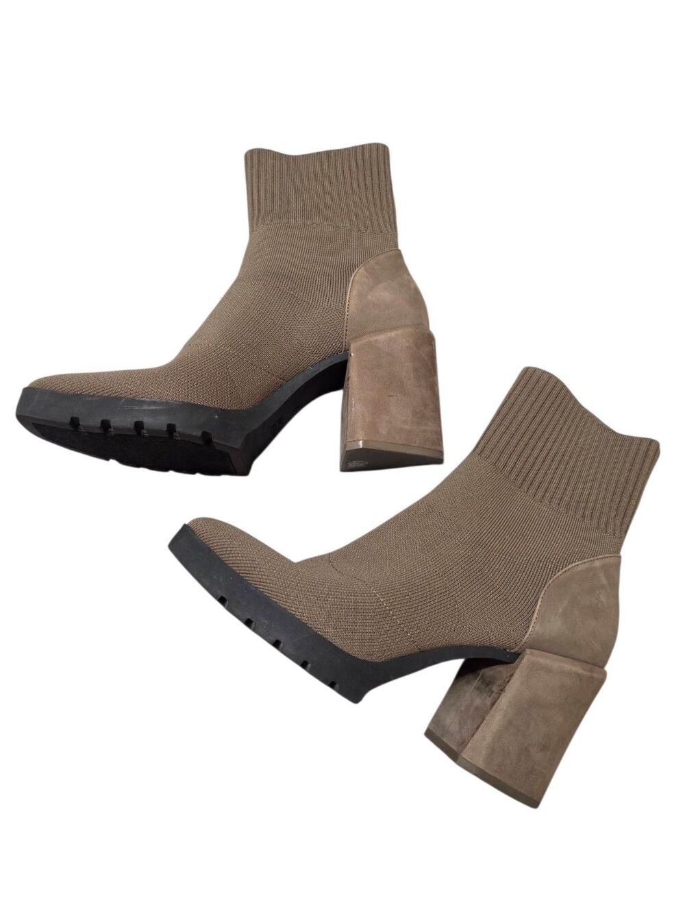 Eileen Fisher Spell Knit Suede Booties Women's 9 Brown Stretch Block Heel